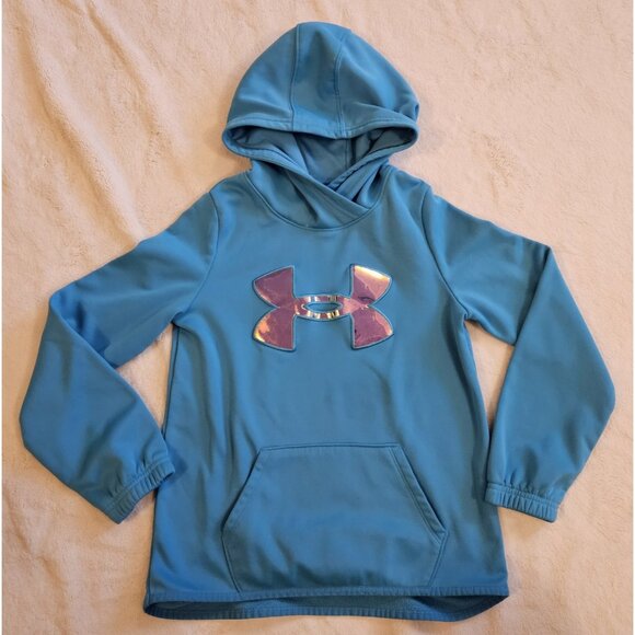 Under Armour Pullover Hoodie Youth Girls size Medium Turquoise Blue Logo - Picture 1 of 8